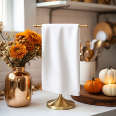 Solid White Blank Tea Towel Mockup Hanging in a Modern Kitchen with Gold Accents Decorated for Fall