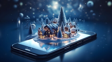 Smartphone with christmas village and snow. Christmas holiday in smartphone, concept. 3D rendering.