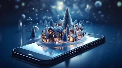 Poster Smartphone with christmas village and snow. Christmas holiday in smartphone, concept. 3D rendering. © mandu77
