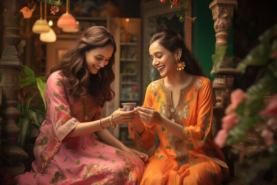 Two indian woman sitting together and playing.