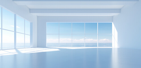 Fototapeta na wymiar Empty blue and white room with large window and beautiful light and shadow, AI generated