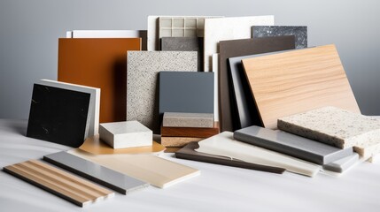 samples of interior material consists concrete tile, wooden laminated or veneer, artificial stones, green fabric for drapery, wooden vinyl flooring. interior selected material for mood and tone board.
