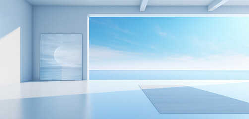 Empty blue and white room with large window and beautiful light and shadow, AI generated