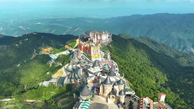 Aerial view of  Ba Na Hills, with beautiful castles, buildings, streets and campuses at the famous tourist destination of Da Nang, Vietnam. Near Golden bridge.