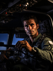 Intimate portrait of a pilot in cockpit, ready for takeoff, focused expression, detailed instrumentation, dramatic lighting from dashboard