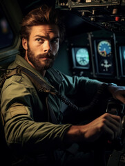 Intimate portrait of a pilot in cockpit, ready for takeoff, focused expression, detailed instrumentation, dramatic lighting from dashboard