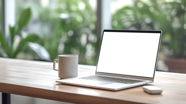Mockup image of laptop with blank white screen on wooden table with coffee cup