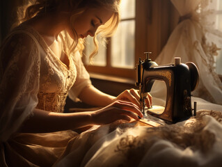 seamstress, hands in focus, working on an antique Singer sewing machine, vintage lace fabric, thimble on finger, golden afternoon sunlight pouring in from a window