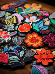 Fototapeta na wymiar array of embroidered patches with intricate designs and vibrant colors, laid out on a dark wood surface, lit by diffused daylight