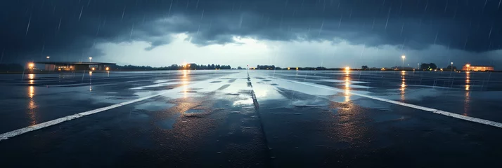 Fotobehang Reflectie airport runway during a thunderstorm, lightning in the sky illuminating the tarmac, rain - soaked surface reflecting lights