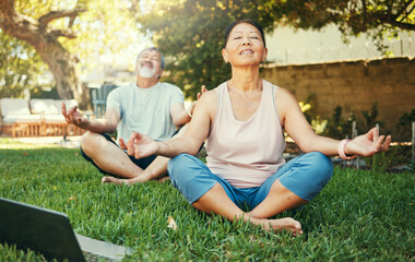 Couple, yoga and lotus meditation with laptop in nature at park for mindfulness, peace and calm. Mature man, woman and yogi on computer for online lesson on video, wellness and zen for body health