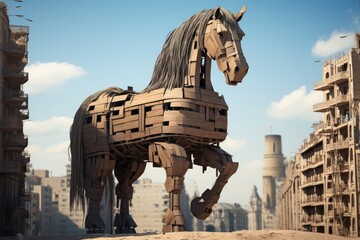 Trojan Horse in City - obrazy, fototapety, plakaty
