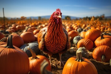 Vegan or vegetarian thanksgiving: turkey made out of pumpkin in a pumpkin field  - obrazy, fototapety, plakaty