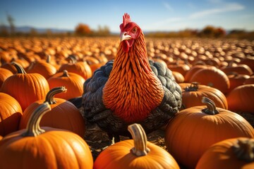 Vegan or vegetarian thanksgiving: turkey made out of pumpkin in a pumpkin field 