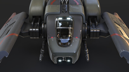 Concept assault fighter, gunship, scratched metal grey-green, orange paint, guns, glass cockpit. Single-pilot spaceship on landing pad. Science fiction vehicle for space wars. Close up view. 3d render