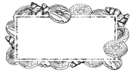 Border sketch illustration of a sweet doughnut cake. Confectionery sweets. Hand-drawn. An engraving in vintage style. Drawing for the cafe menu. Eps 10