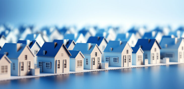 A small model of houses in blue and white colors. Real estate market growth, Generative AI