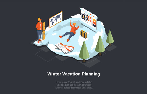 Family Winter Holidays And Vacations. Man And Woman Imagine Their Future Holidays And Ready To Go On Winter Vacations. Characters Buy Tickets And Skiing Downhill. Isometric 3D Vector Illustration