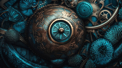 vintage background, peony, flover, products, enginer, generative, ai, steampunk, background, clockwork, brooch, blue, goold, coconut