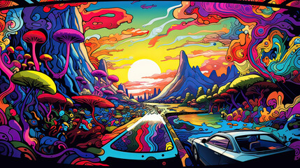 Psychedelic road trip through a 90s landscape, infused with comic elements and vibrant, abstract designs AI generative