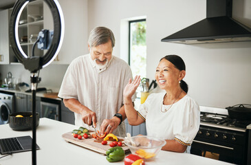 Home, old couple or influencer with food, live streaming or connection with ring light, cooking instructions or tech. Vlog, elderly man or senior woman with social media, diet plan or content creator