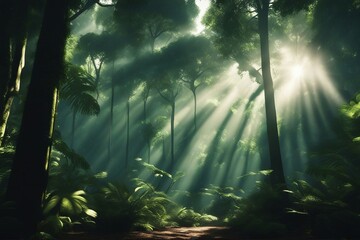 Dark rainforest sun rays through the trees rich jungle greenery Atmospheric fantasy forest