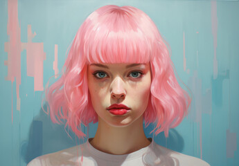 A girl with pink hair against a blue background, Generative AI
