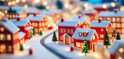 Wintry christmas miniature city. Vibrant colors. Tilt shift effect.