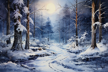 Night Winter Forest Road Watercolor