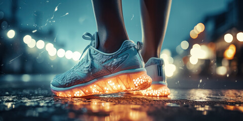 Glowing running sneakers against the backdrop of the evening city, generative AI
