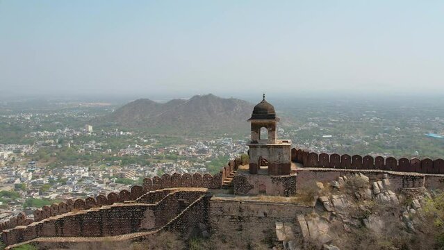 Jaigarh Fort Stone Wall in Jaipur, India Drone 4K