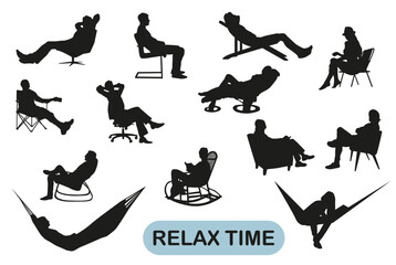 Set of silhouettes of resting people. Possibility of rest in any convenient positions.