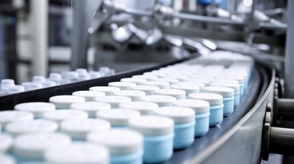 Obraz premium pharmaceutical industry. Production line machine conveyor with glass bottles ampoules at factory