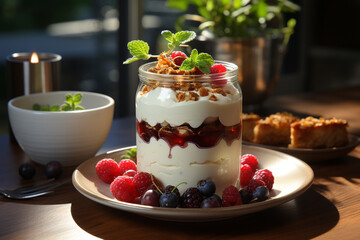 Greek Yogurt Parfait with Berries and Honey on table with kitchen background , AI generated