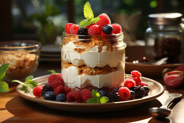 Greek Yogurt Parfait with Berries and Honey on table with kitchen background , AI generated