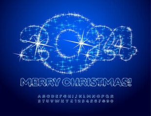 Vector magical greeting card Merry Christmas 2024! Sparkling stars Font. Glittering Alphabet Letters and Numbers set
