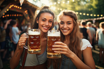 dos mujeres jovenes brindando con unas jarras llenas de cerveza en una fiesta sobre fondo de personas caminando - obrazy, fototapety, plakaty