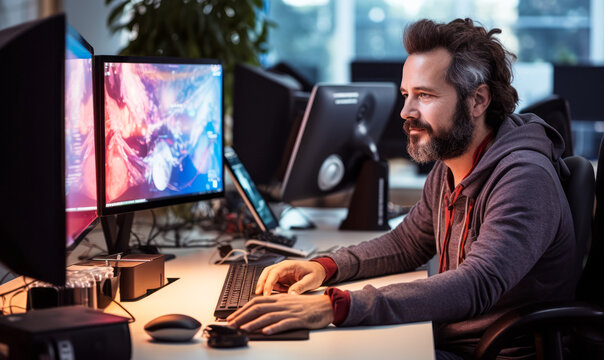 portrait of Desktop Publisher, who Format typescript and graphic elements using computer software to produce publication-ready material