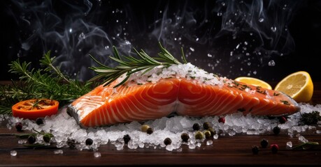 Raw salmon fillet with rosemary, salt and pepper on wooden background