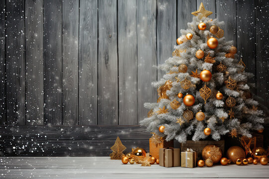 árbol de navidad decorado con bolas, estrella, adornos y regalos en su base, sobre fondo de madera gris