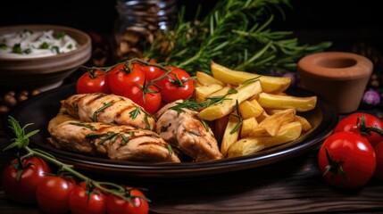 Grilled chicken fillet with potatoes and vegetables on a plate. Selective focus.