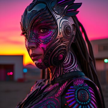 full face frontal view close up of a beautiful cyborg with skin made entirely from neon pink 304 stainless steel with a black peacock handpainted pattern factory in the background sunset vivid color 
