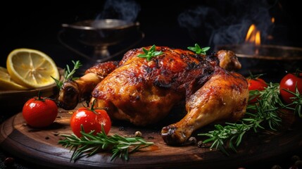 Roast chicken with rosemary, lemon and spices on black background