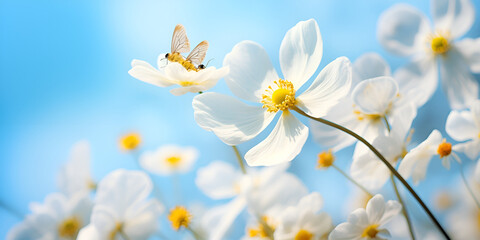  White cosmos flowers with blue sky vintage tone background A Honeybee Hovering Gracefully Over Fragrant Petals  generative A