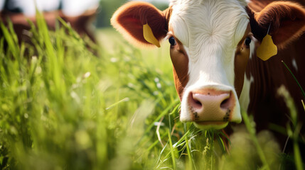 A brown cow grazes on a meadow and eats a young spring grass closeup. - obrazy, fototapety, plakaty