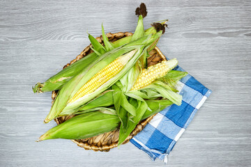 Fresh corn cob in basket on gray wooden table 