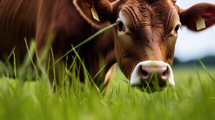Naklejka na ściany i meble A brown cow grazes on a meadow and eats a young spring grass closeup.