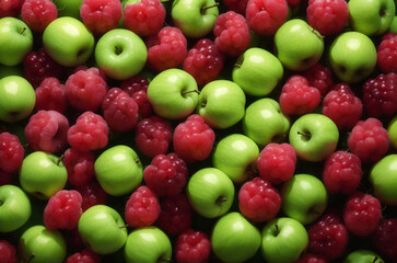 Naklejka na ściany i meble Green apples and raspberries close up top view