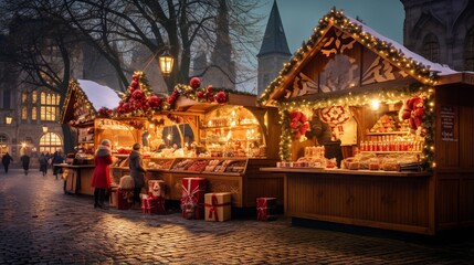 Obraz premium A charming Christmas market with wooden stalls selling festive treats and decorations.
