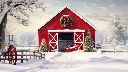 A charming red barn in a snowy field, with a wreath on the door and a horse-drawn sleigh nearby. - obrazy, fototapety, plakaty